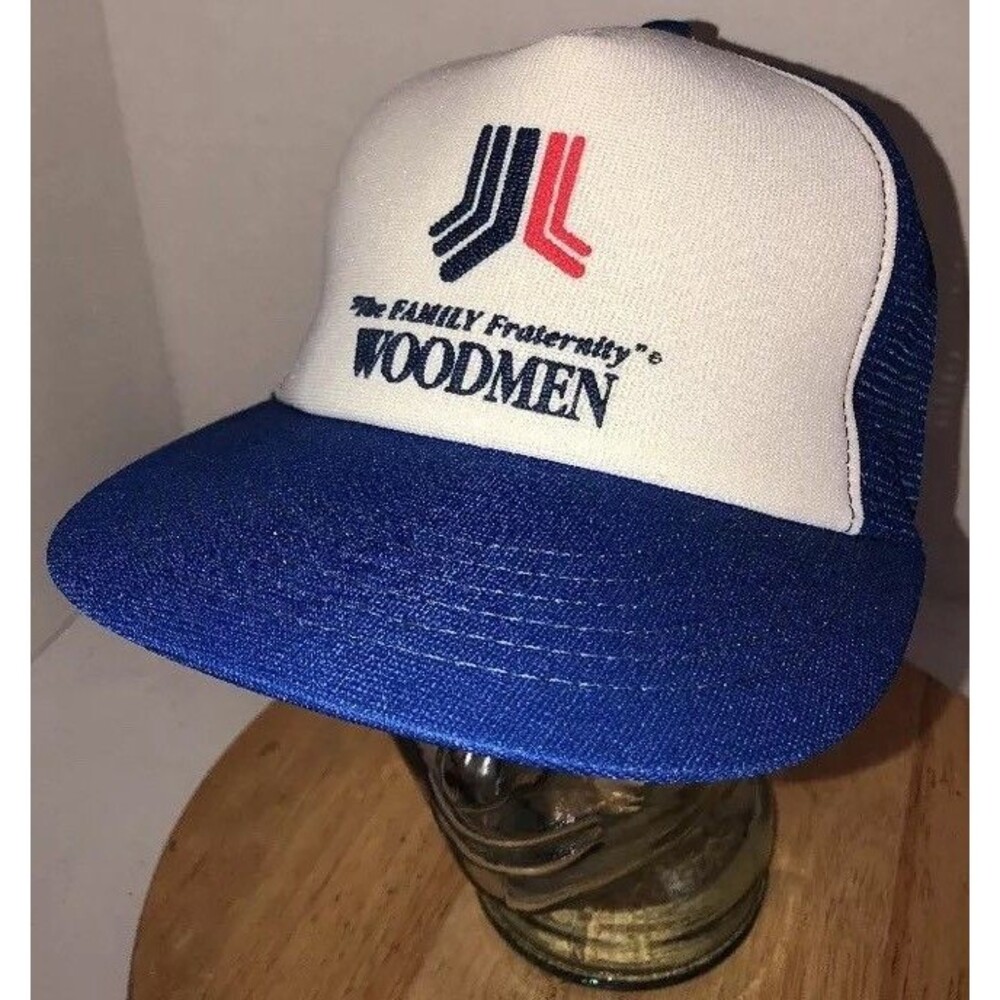 Vintage WOODMEN Family Fraternity 80s USA White Blue Trucker Hat Cap Snapback